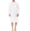 A man wearing a dark blue cotton shirt-style full-length robe for loungewear.