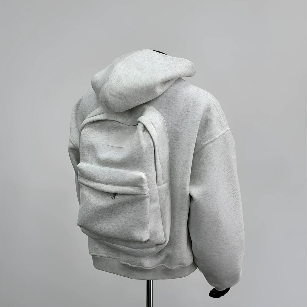 Men's light gray hooded casual coat with a distinctive backpack design on the back.