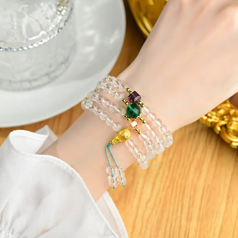 White crystal 108-bead rosary bracelet necklace with geometric ethnic style design