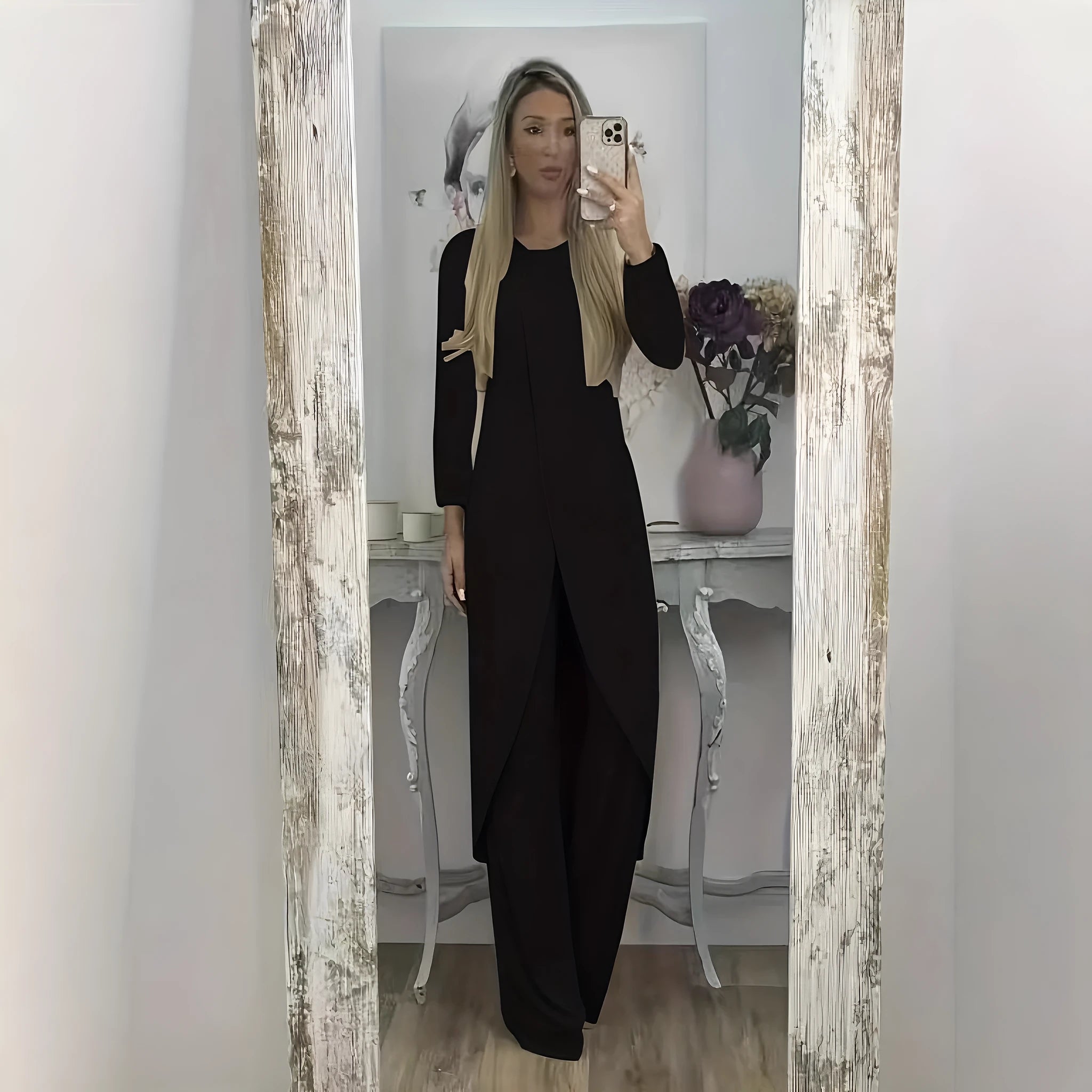 Women's casual long sleeve round neck top and loose trousers lounge set in khaki