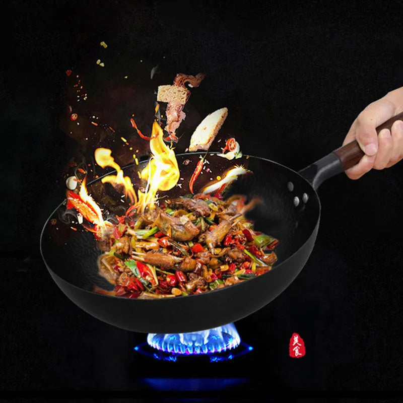 Traditional black iron wok with wooden handle, 40cm diameter base
