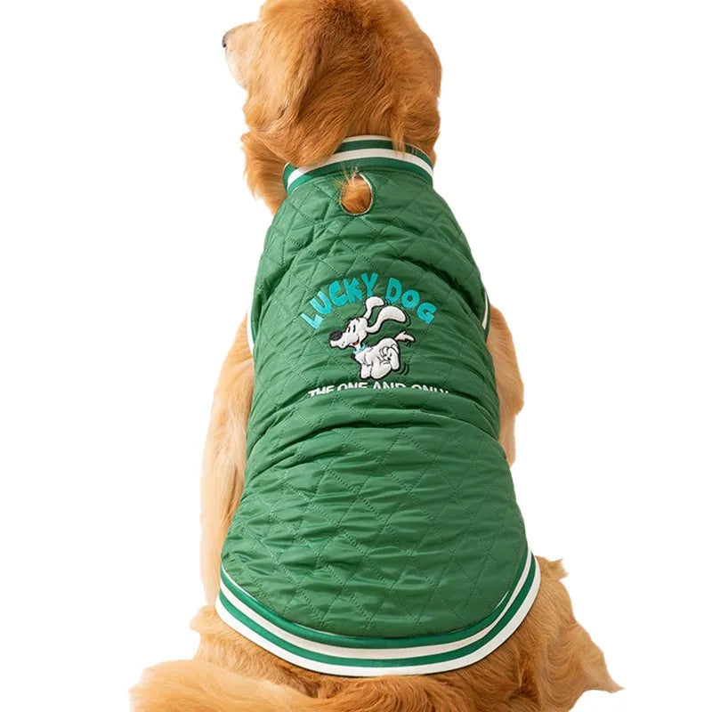 Quilted cotton brown pet vest for large dogs with Lucky Dog embroidery and leash ring