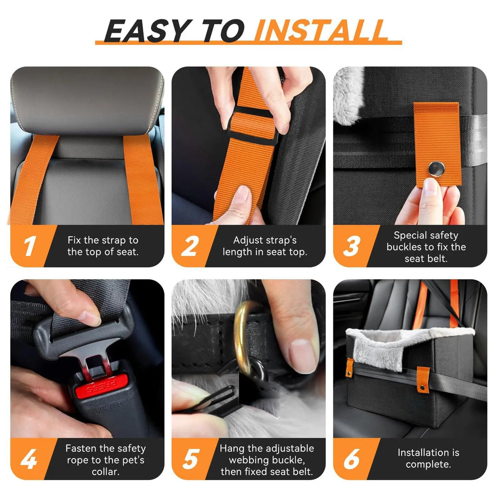 Portable small dog car seat with clip-on safety leash, 40.6x33x28cm, in orange, grey, or black