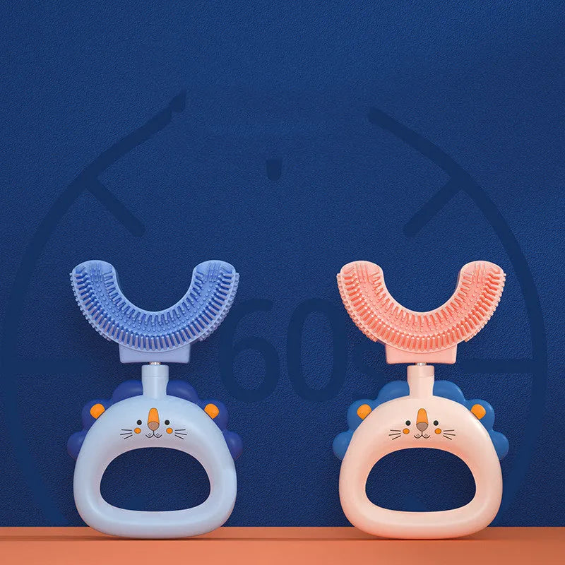 Children's U-shaped silicone toothbrush in blue for ages 2-6 with cute lion design