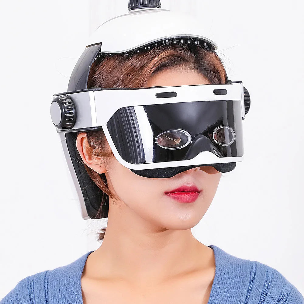 White and black electric eye massager with hot compress, air pressure massage and adjustable size for eye and head massage