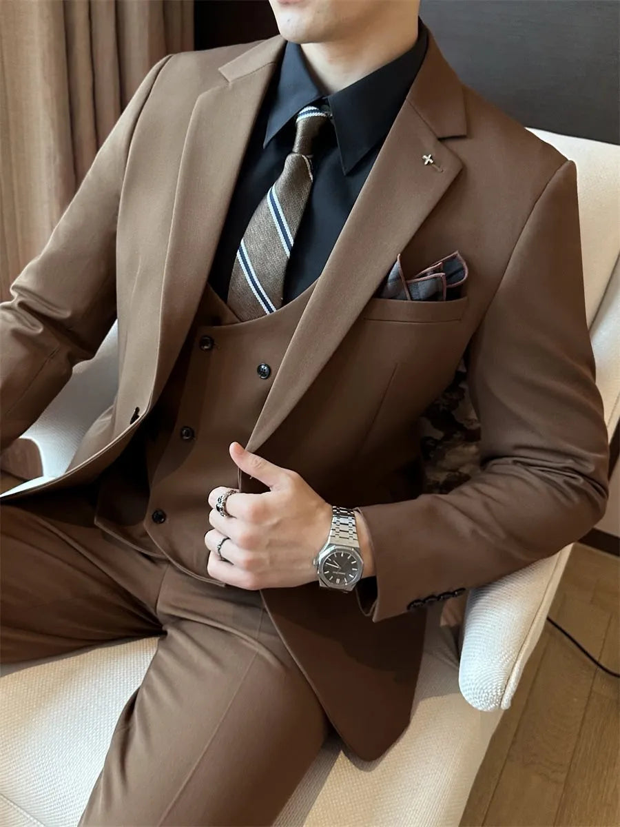 Men's slim fit business suit in dark green, made from a chemical fibre blend fabric.