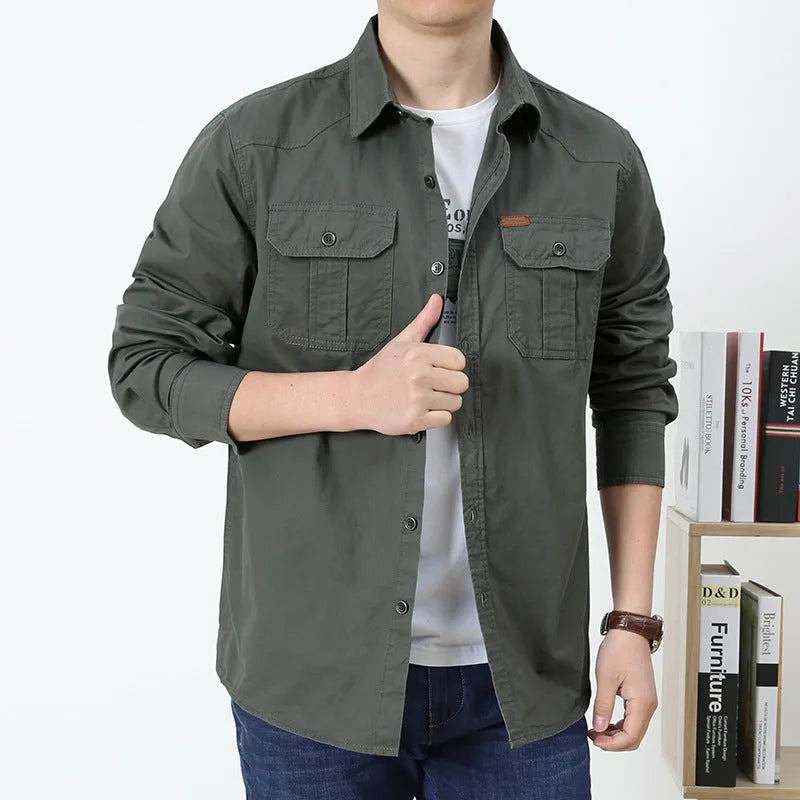 Cotton military style long sleeve loose fit shirt in army green for men spring casual