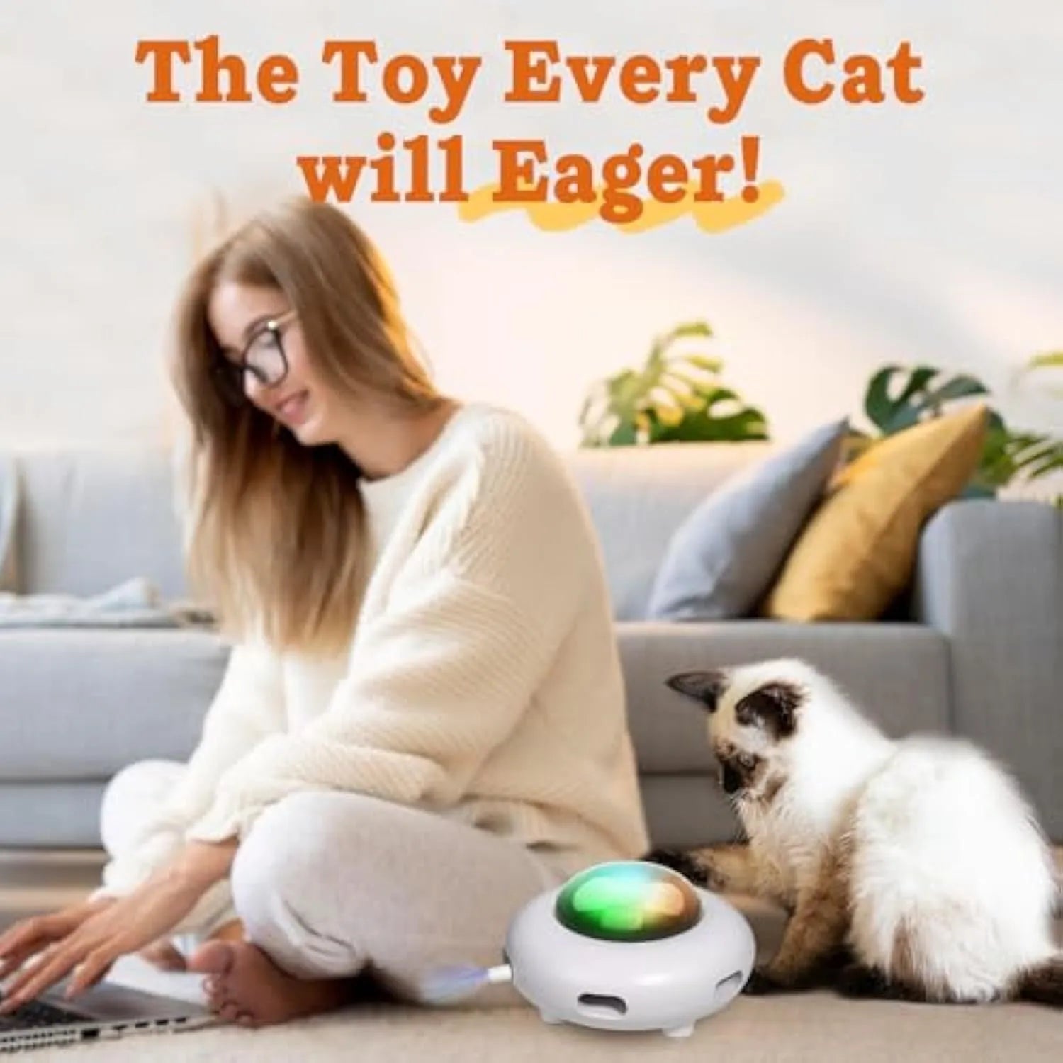 White automatic cat toy with colourful feathers and LED lights for indoor feline entertainment
