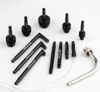 Thirteen-piece automatic transmission oil refuelling tool kit with injector and wave box connector.