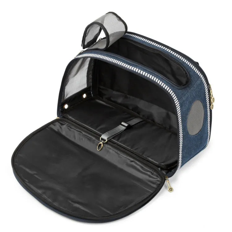 Blue Japanese cartoon style pet diaper bag in denim measuring 43cm by 20cm by 30cm