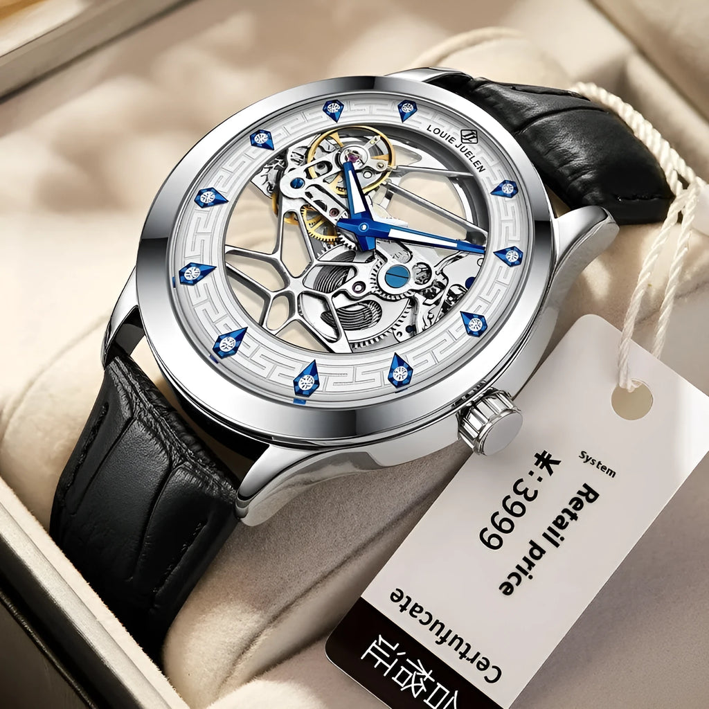 Men's silver mechanical watch with white dial, blue luminous hands, and a black leather strap.