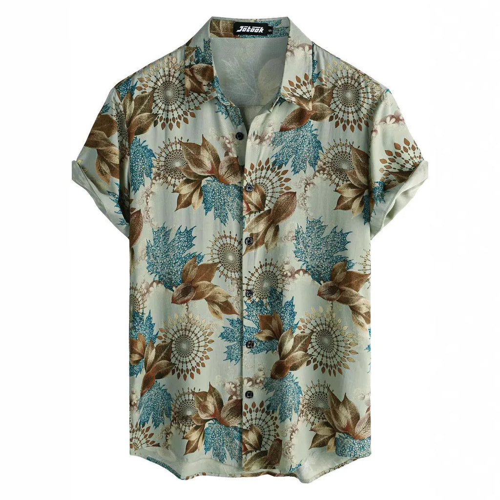 Man's short sleeve Hawaiian print shirt with lapel collar and floral pattern, shown in a casual setting.