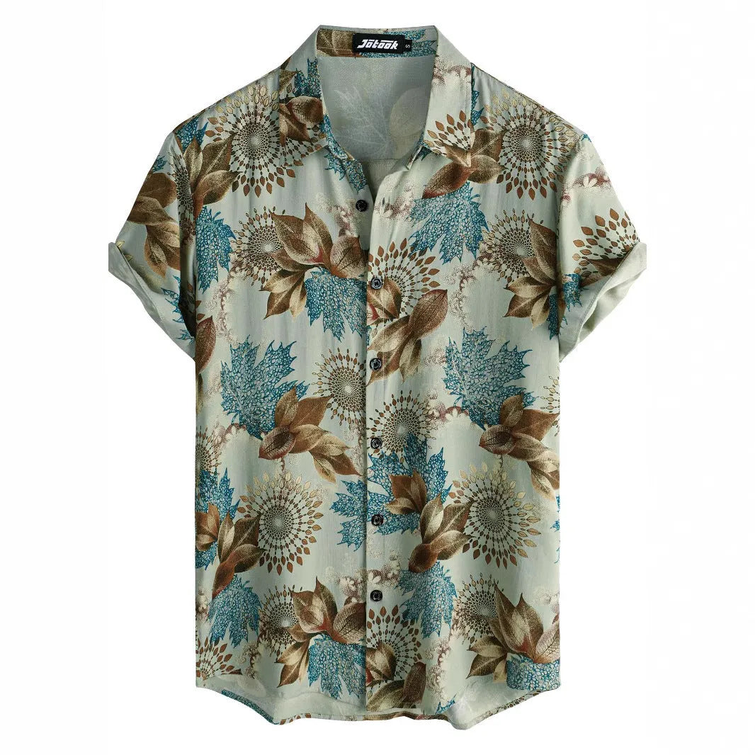 Man's short sleeve Hawaiian print shirt with lapel collar and floral pattern, shown in a casual setting.