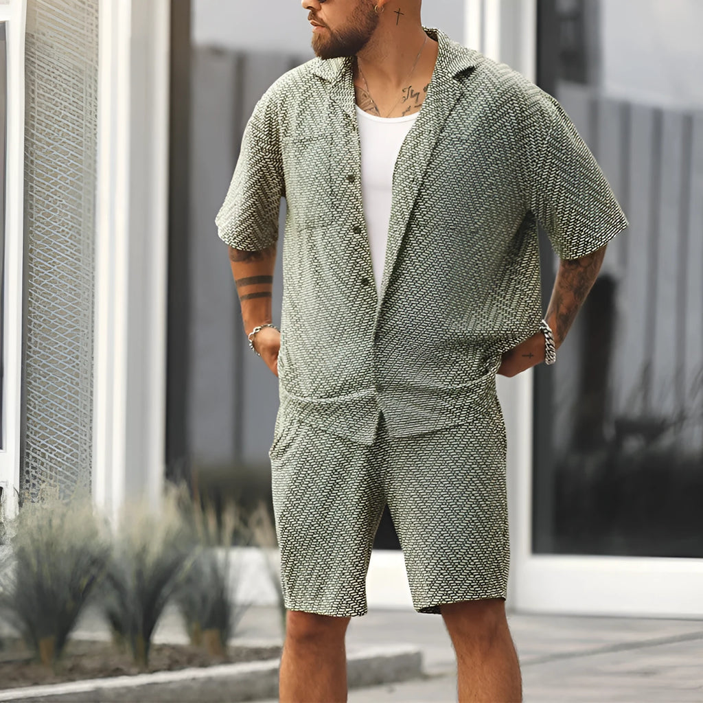 Men's casual short sleeve shirt and shorts set in grayish green polyester fabric, front view