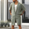 Men's casual short sleeve shirt and shorts set in grayish green polyester fabric, front view