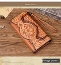 Women's brown tri-fold leather wallet with an embossed floral pattern, shown open to reveal compartments.