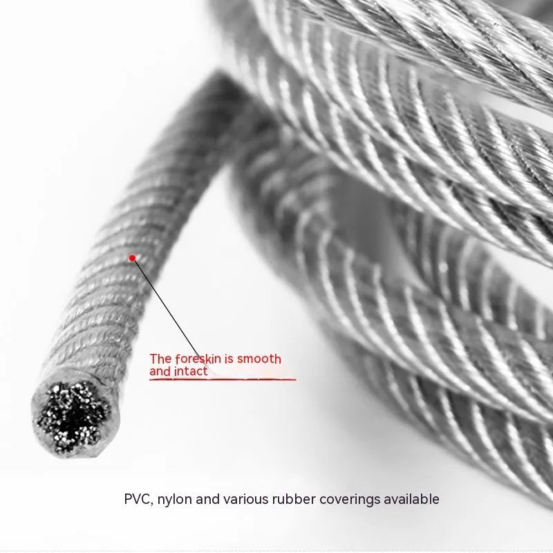 Close-up of a coiled 304 stainless steel coated security cable with double twist multi-strand construction.