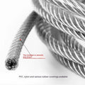 Close-up of a coiled 304 stainless steel coated security cable with double twist multi-strand construction.