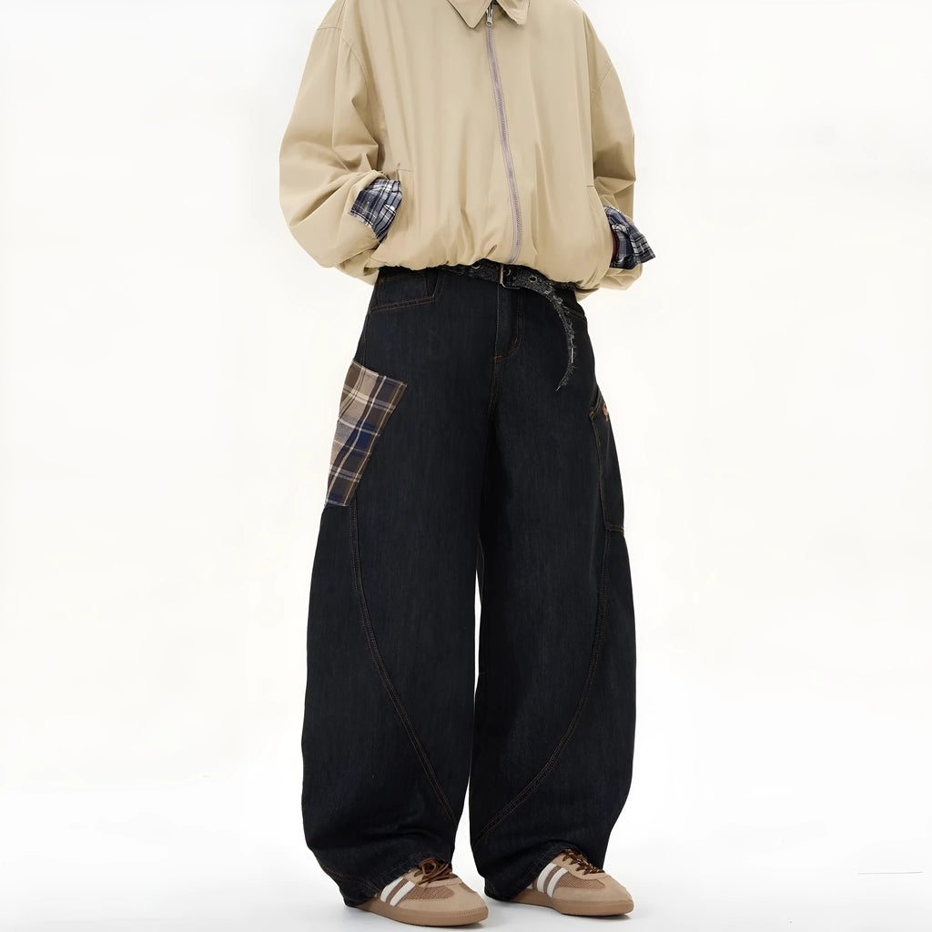 Loose retro casual trousers in coffee plaid and red plaid colours, straight-leg style