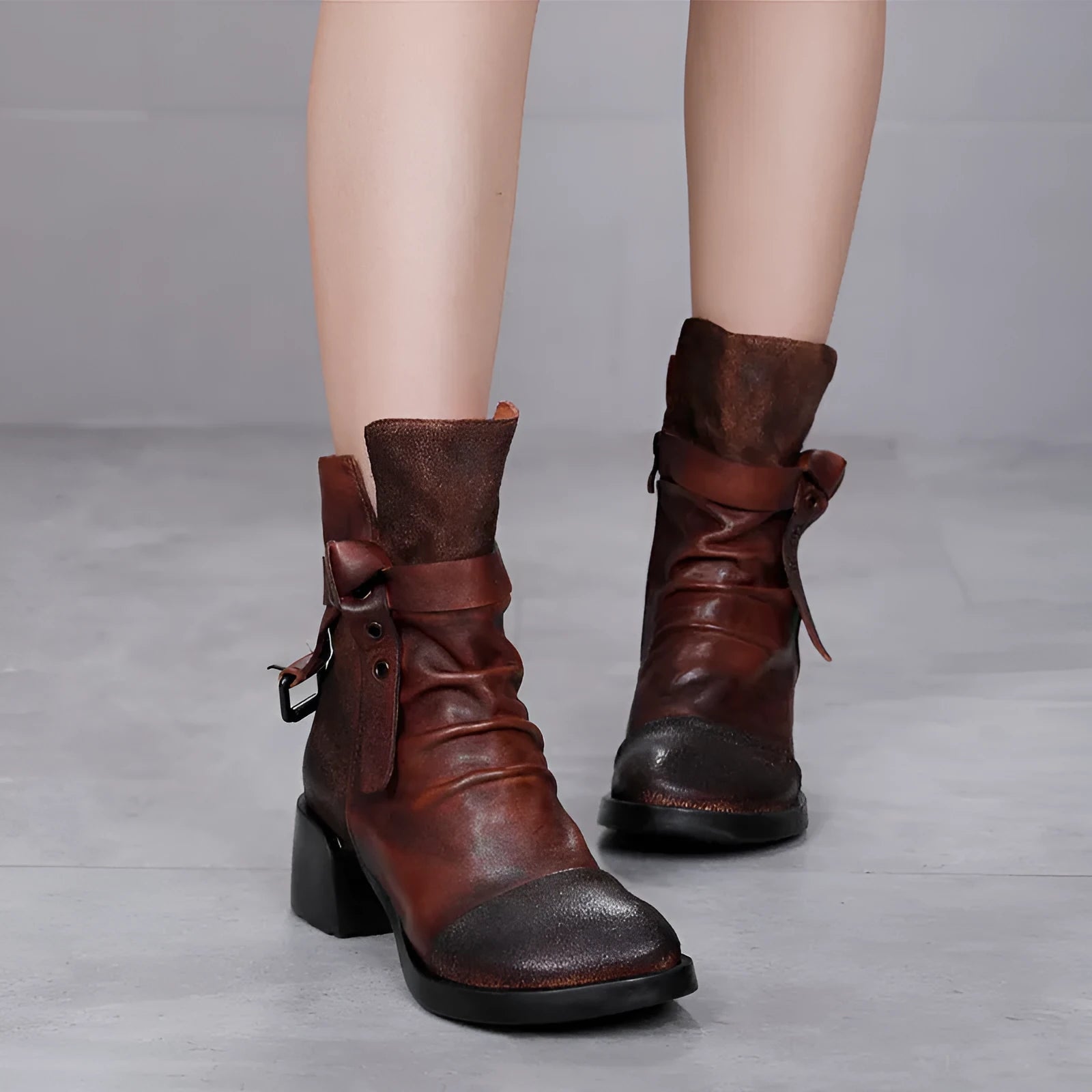 Women's brown genuine leather retro ankle boots with a chunky heel and round toe