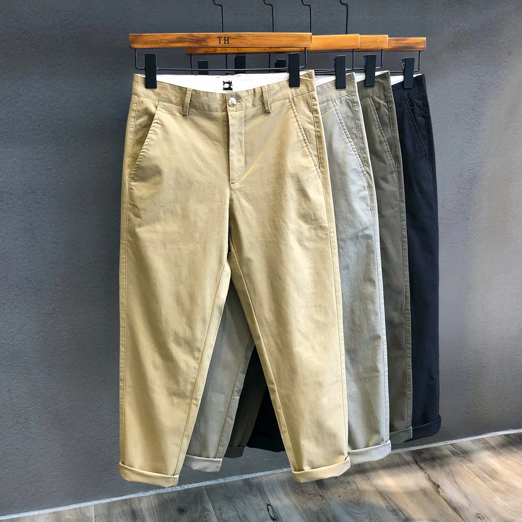 Men's cropped pure cotton casual pants in khaki, mid waist with zipper fly, size S to 3XL