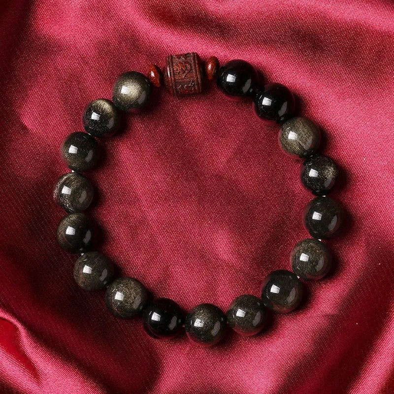 Hand-woven vintage bracelet with 10mm Golden Obsidian beads in retro style