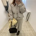 Gray short down jacket for plus size women with loose fit and pockets