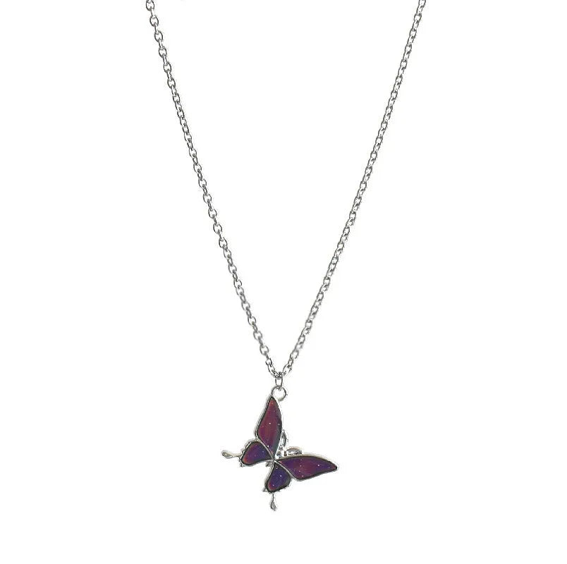Retro colour-changing butterfly necklace on alloy O-ring chain, unisex design in butterfly cross chain style
