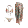 Women's creamy-white floral bikini set with matching skirt bottom