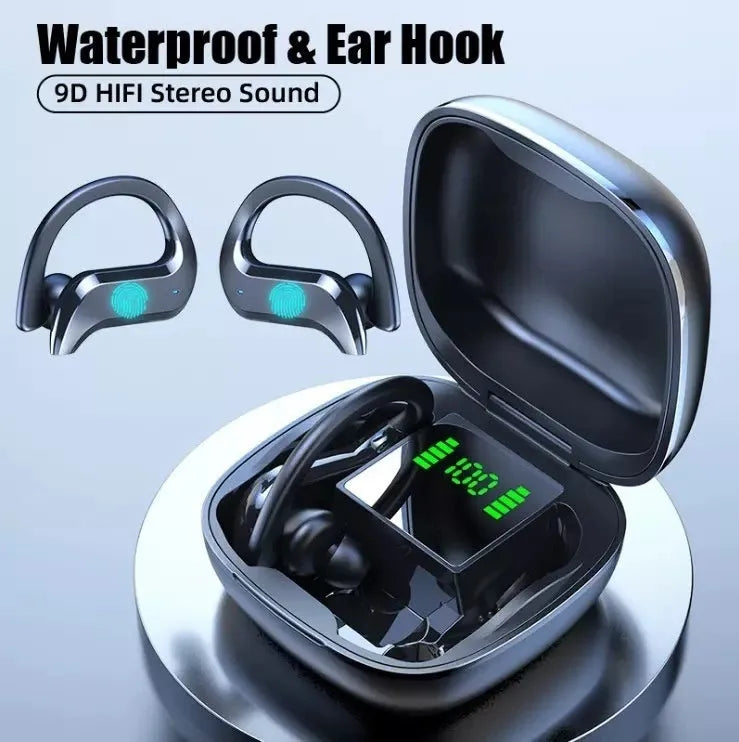 Black plastic wireless TWS sports Bluetooth headset with digital display screen, ear-mounted design
