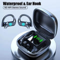 Black plastic wireless TWS sports Bluetooth headset with digital display screen, ear-mounted design
