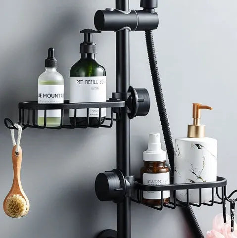 Black aluminium bathroom shower shelf rod, 30 cm long, mounted on a tiled shower wall