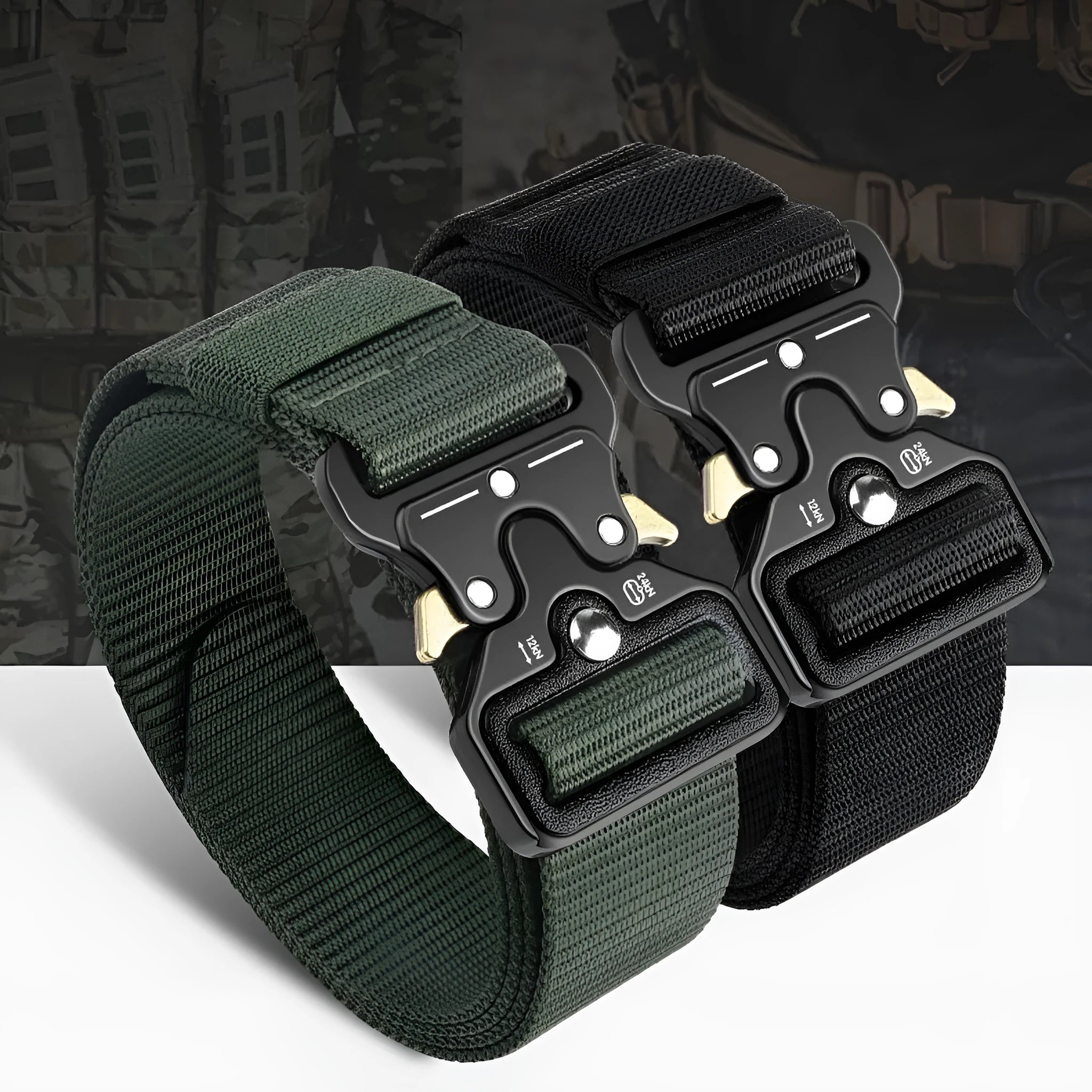 Men's tactical canvas belt with alloy release buckle showing black colour option