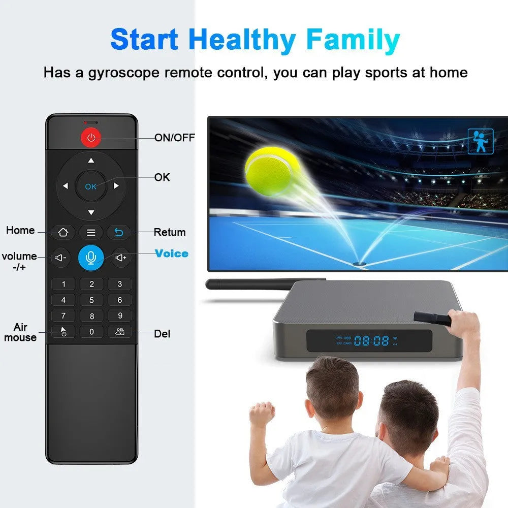 Black Android TV set-top box with HDMI port and remote control on a wooden surface.