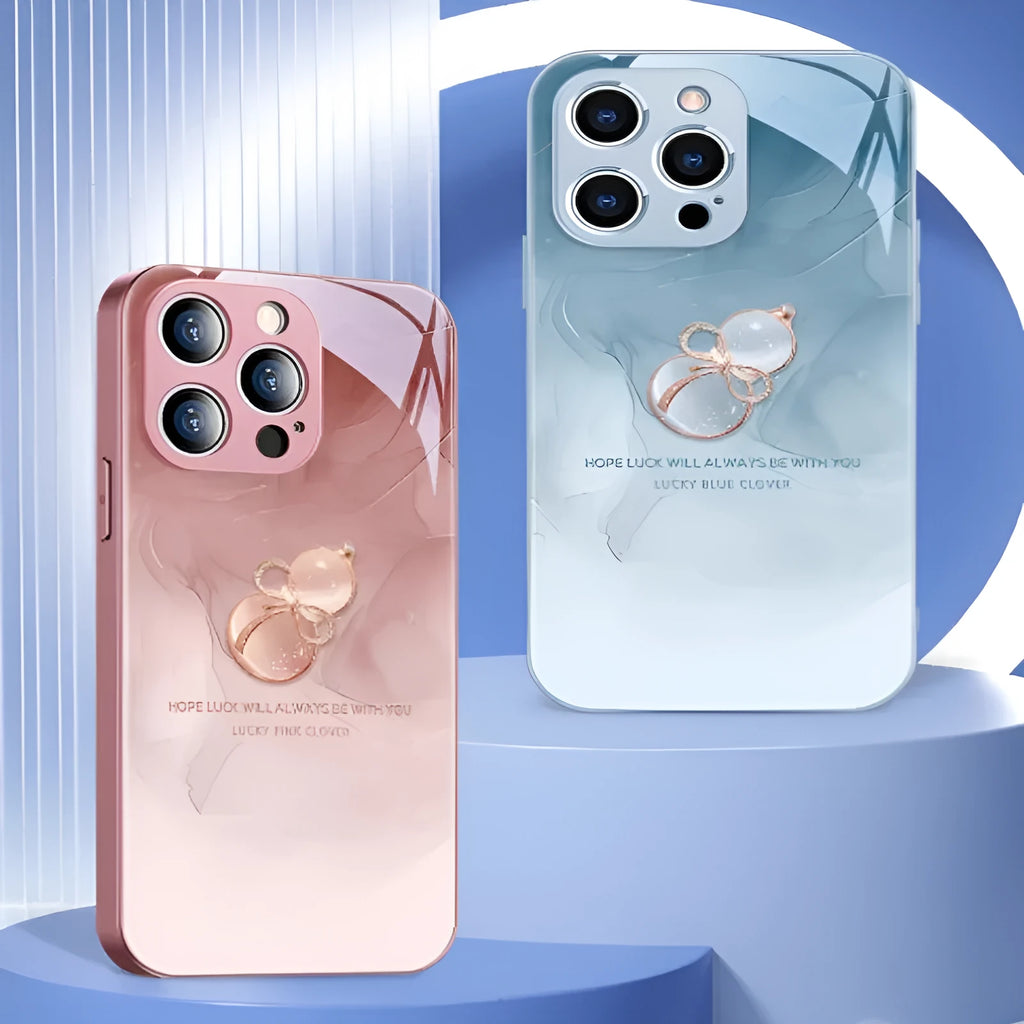 Tempered glass phone case with watercolour blooming gourd metallic paint lens design, compatible with iPhone 15 Pro Max