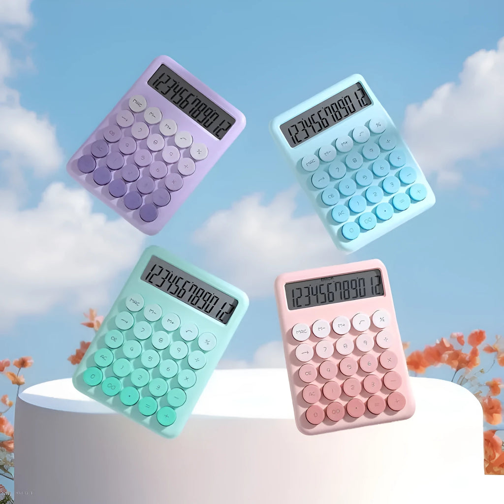 Desktop calculator with gradient colour finish in violet, pink, blue, or mint green on a desk