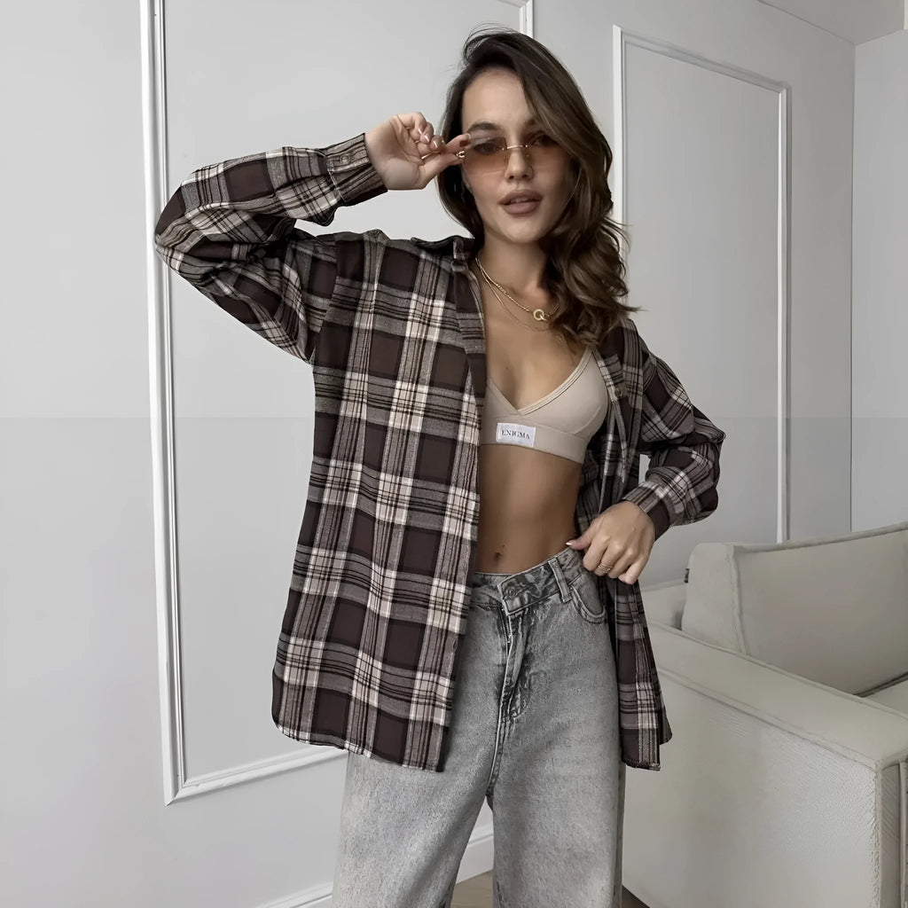 Dark brown striped women's shirt with retro styling and long sleeves