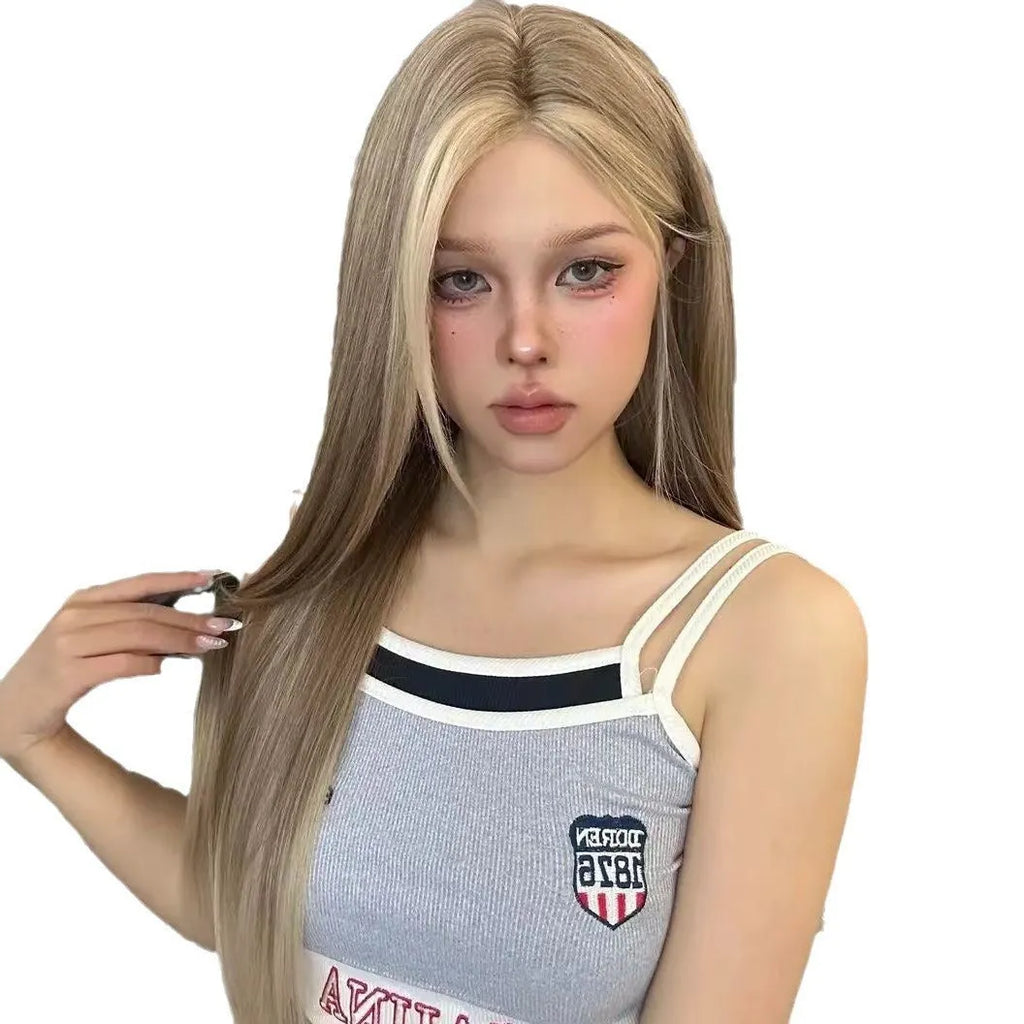 Golden brown gradient lace front wig with centre parting on mannequin head showing pre-plucked hairline