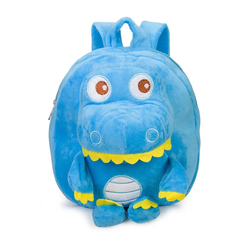 Soft plush dinosaur backpack for children with embroidery detailing in blue colour