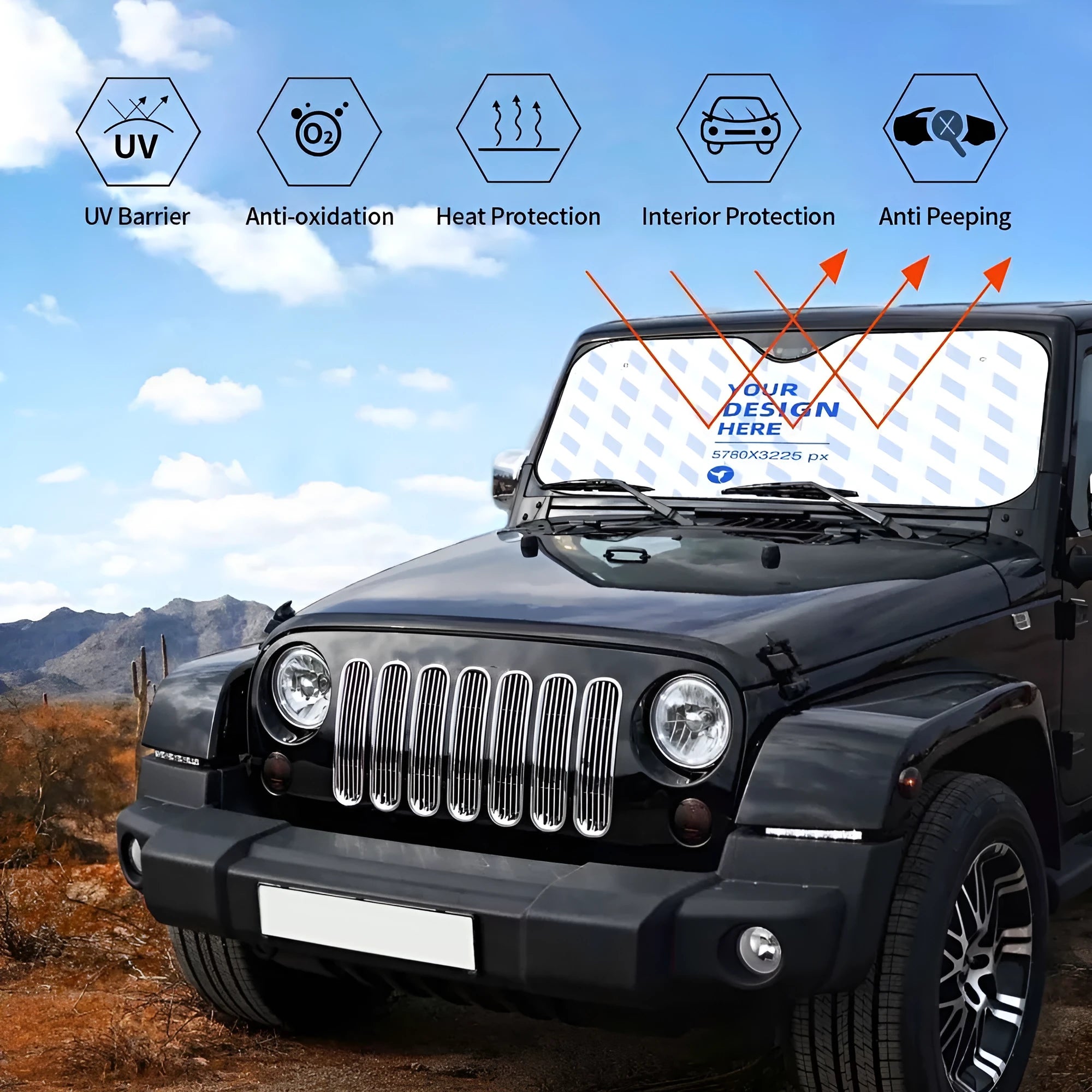 Black stiff heat insulation car windshield sunshade with polyester and bubble aluminium film showing single-sided eagle print