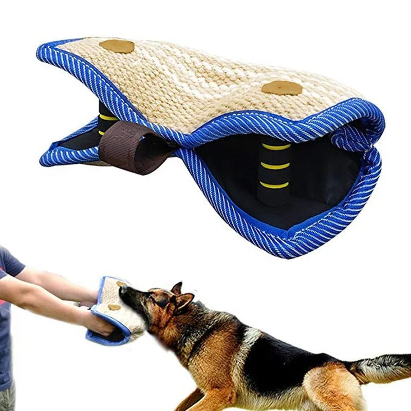 Dog training bite pillow in linen and blue border with double stitching and two soft rope handles for tug-of-war
