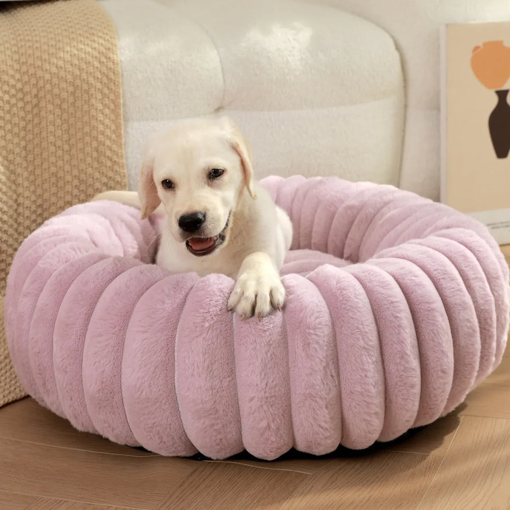 Round straight rabbit plush pet bed mat in beige colour, shown in a large size.