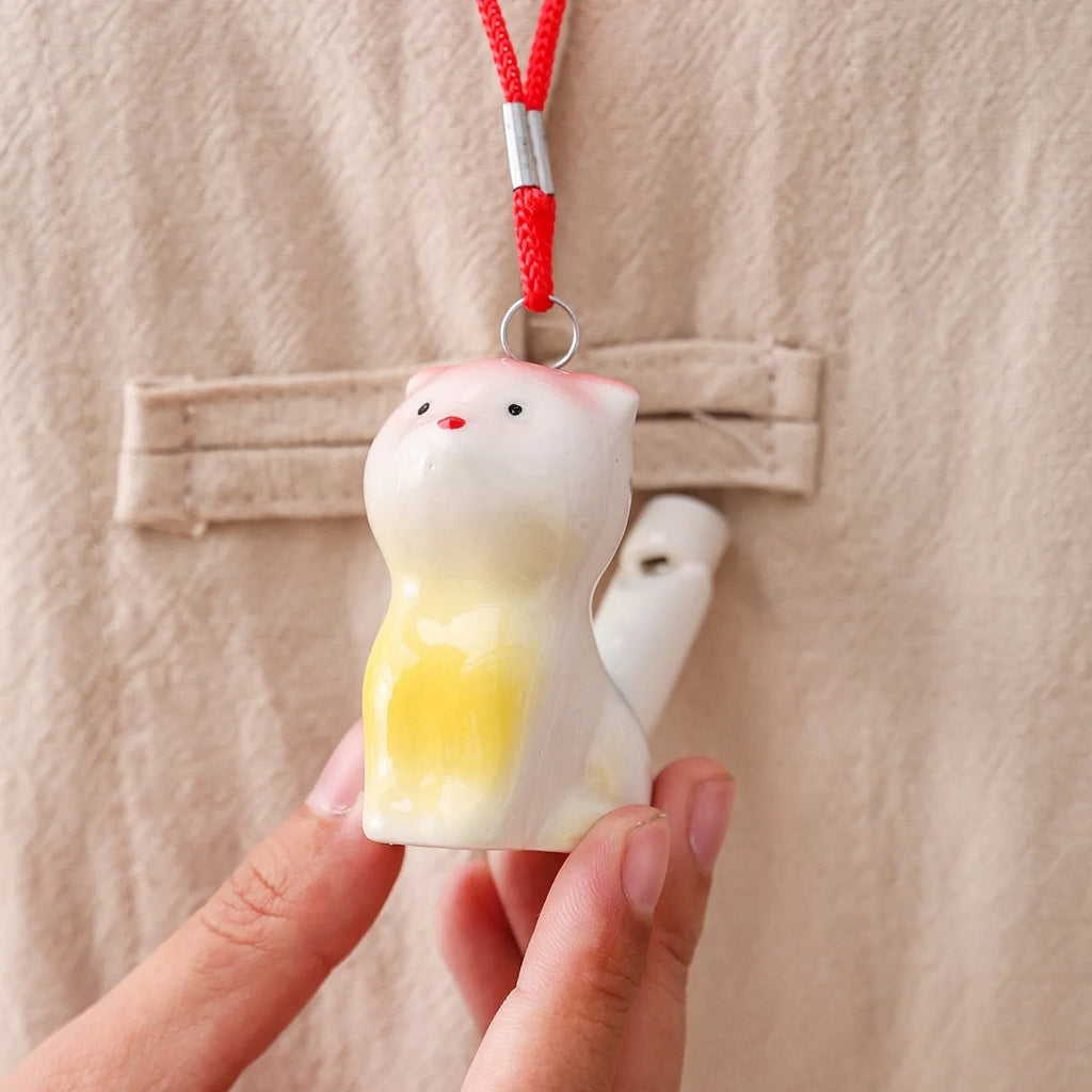 Chinese style white porcelain ceramic whistle with rope, random animal design, children's toy