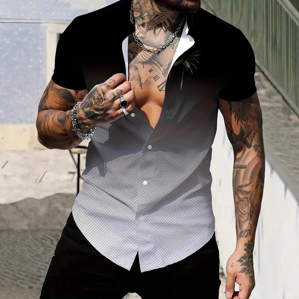 Men's slim fit geometric print short sleeve shirt on hanger showing lapel detail