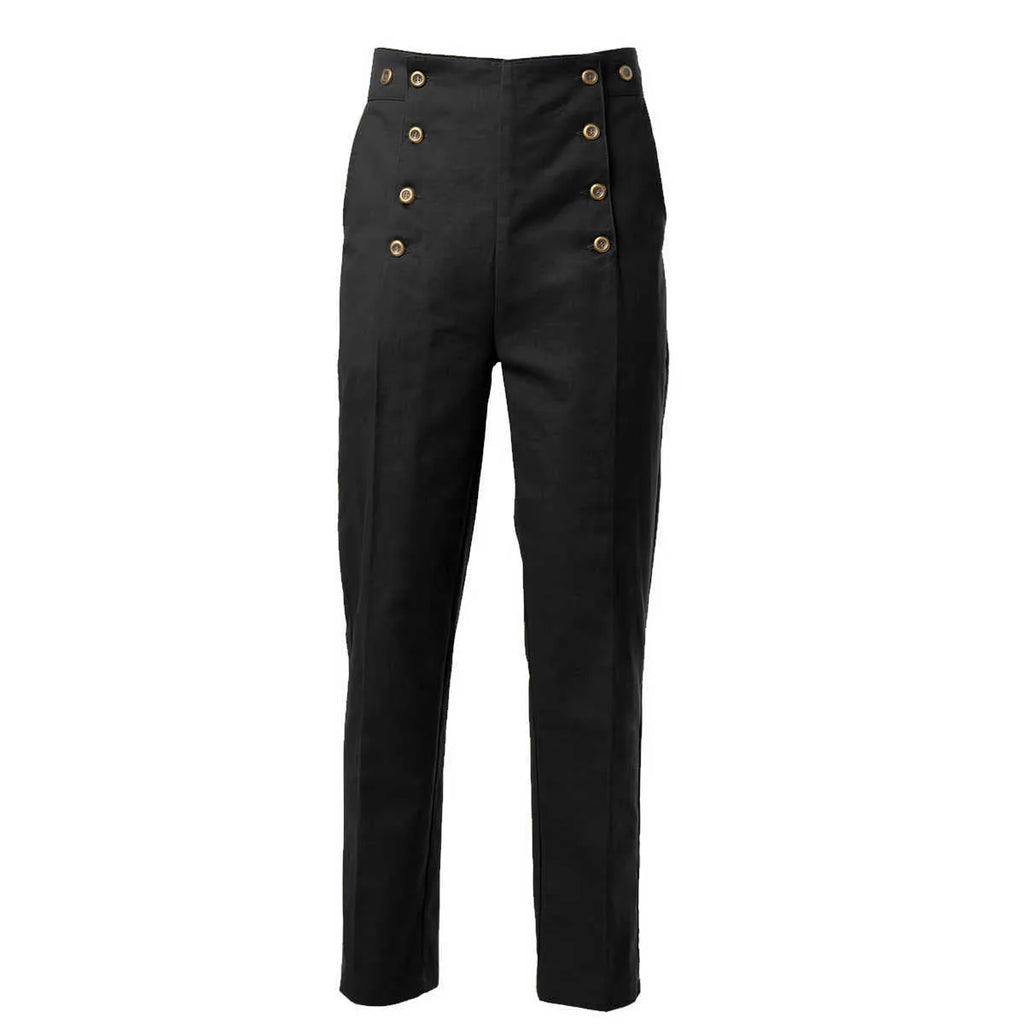 Men's retro high waist double breasted casual straight pants in black with braces