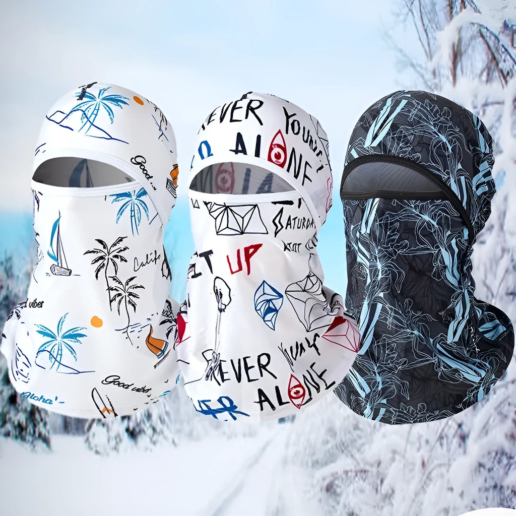 Cotton dome-style motorcycle head cover in a patterned colour, shown with a pair of gloves.