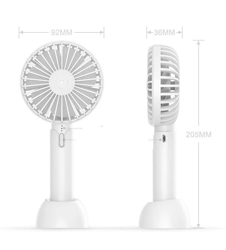 Blue USB-powered mini desk fan with three-speed settings and oscillating head on desktop