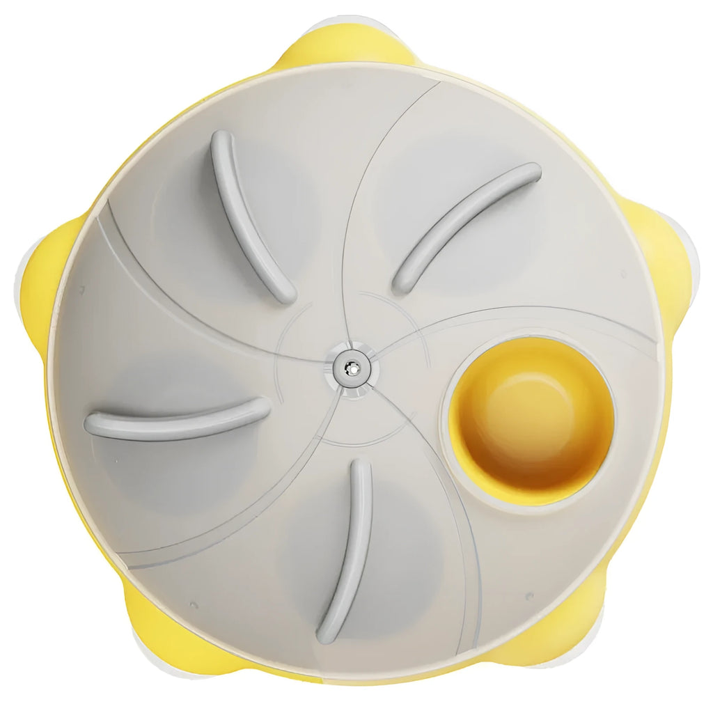 Yellow plastic cat slow feeder bowl with storage compartment and textured interior