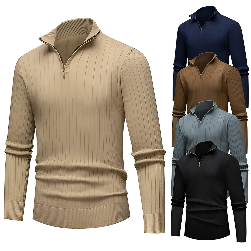 Men's half-zip striped knitwear sweater with stand collar and long sleeves in khaki, brown, dark grey, navy blue, or black