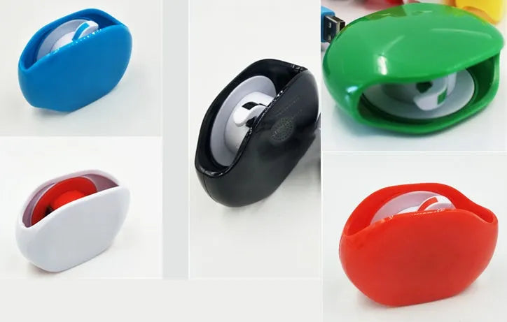 Automatic earphone cable retractor winder in multiple colours on a white background.